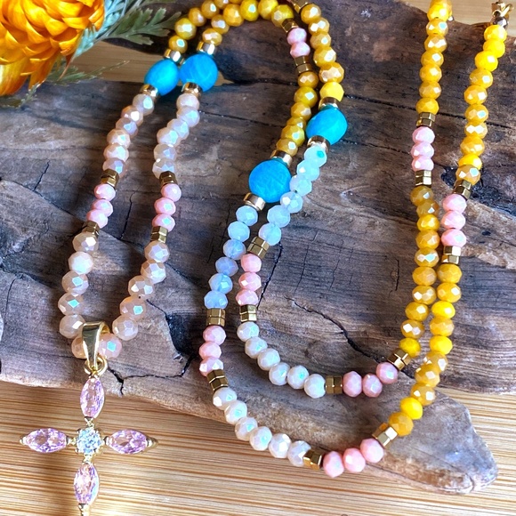 Amazonite with Austrian Crystals Christian Cross Necklace - Picture 1 of 11